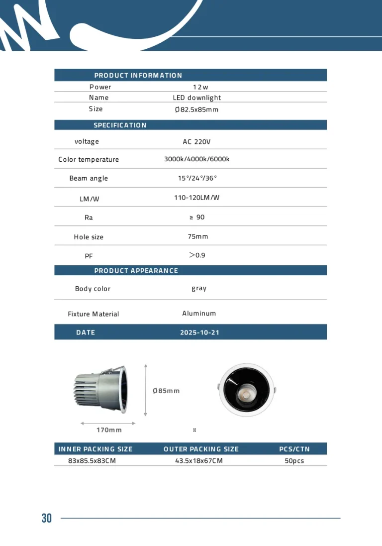 LED Downlight 12W — Technical Sheet